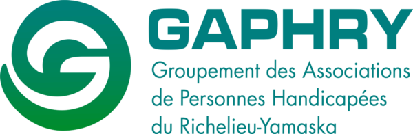 Logo du GAPHRY avec nom complet en dessous Groupement des associations de personnes handicapées du Richelieu-Yamaska le tout de couleur vert