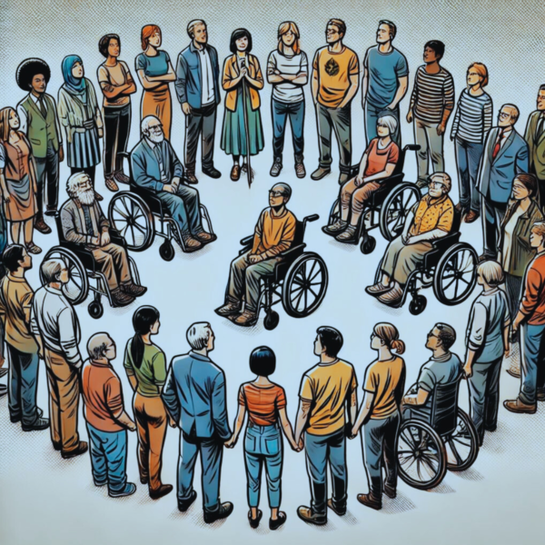 Groupe de personnes diverses, dont plusieurs en situation de handicap