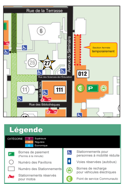 Le stationnement numéro 111 contient du stationnement accessible. Un stationnement accessible est aussi présent en face du Pavillon La Laurentienne, représentée par le numéro 27.